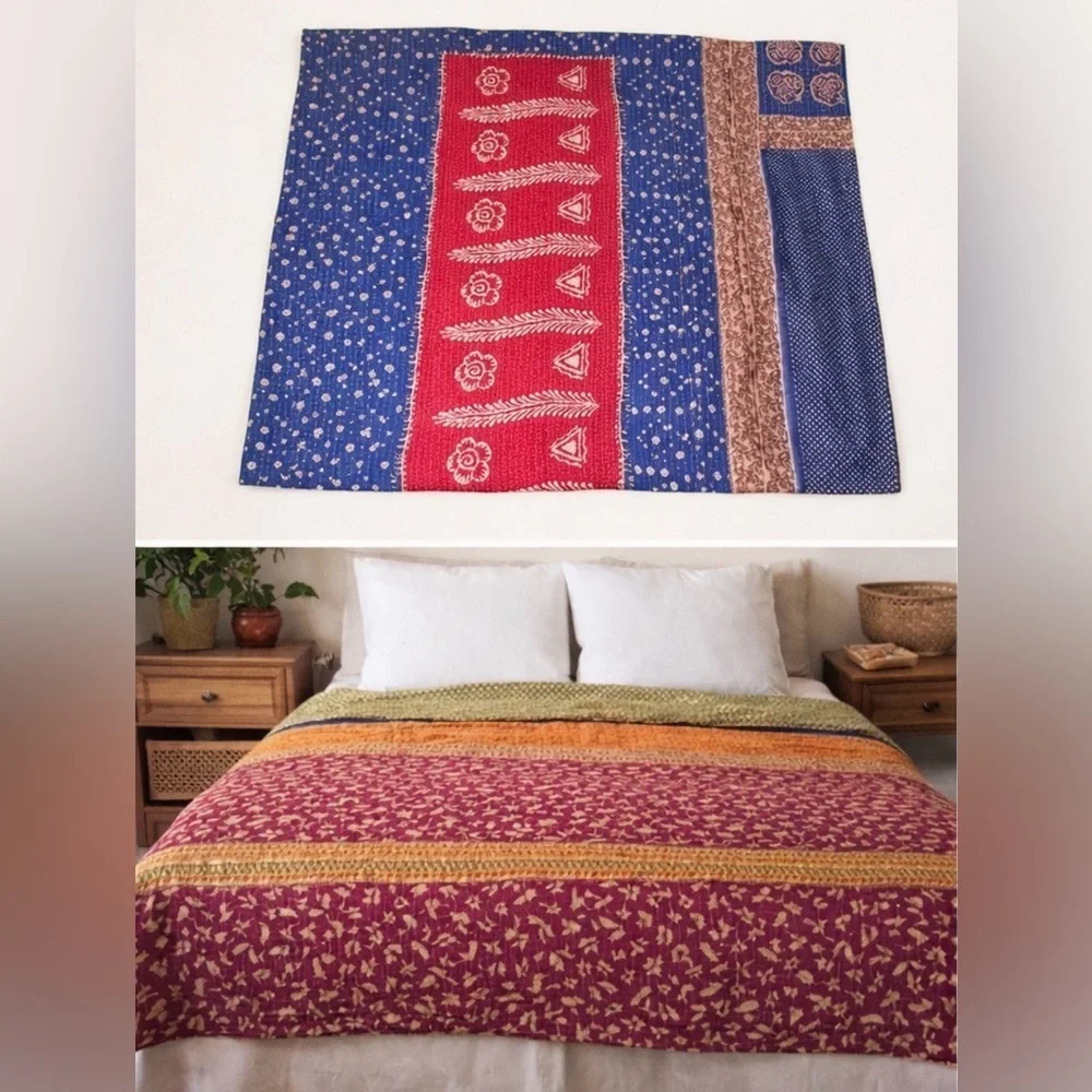 Vintage Kantha Quilt Twin Hand Stitched Sari Patchwork Boho Textile 52” x 80”